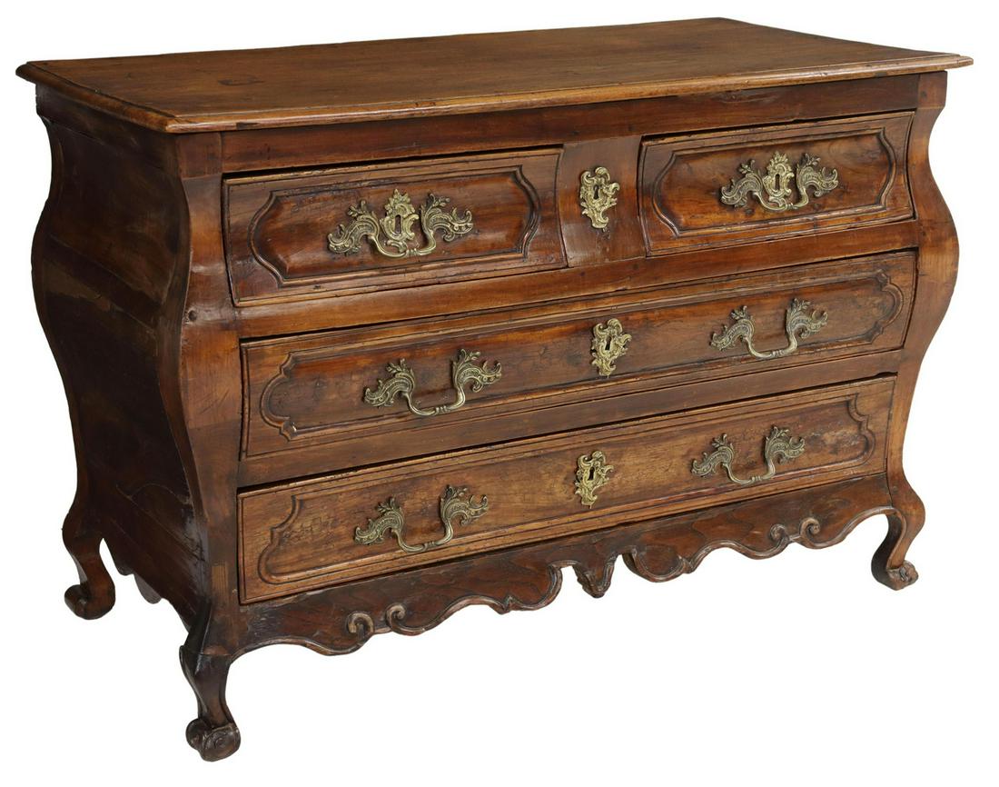 FRENCH LOUIS XV PERIOD ELM COMMODE EN TOMBEAU: French Louis XV period elm commode, 18th c., fitted with two half drawers over two long drawers, later toile interior lining, scrolled apron, rising on cabriole legs, ending in whorl feet, approx 32.2