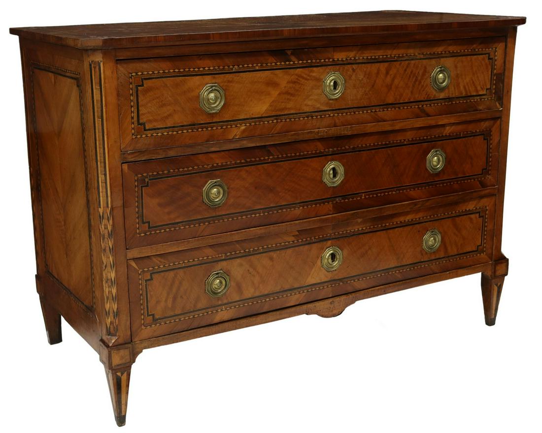 ITALIAN NEOCLASSICAL MAHOGANY COMMODE, 18TH C.: Italian Neoclassical mahogany commode, 18th c., rectangular case with canted corners, contrasting geometric string inlay, three drawers, rising on tapered square legs, approx 36"h, 51"w, 24"d Start Pr