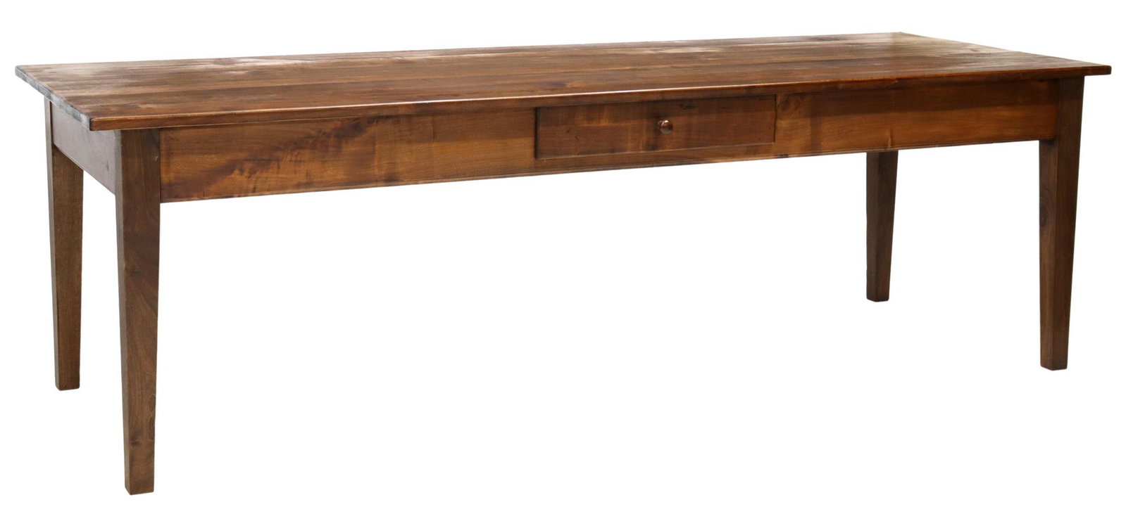 EXCEPTIONAL FRENCH PLANK-TOP FARMHOUSE TABLE, 98"L: Exceptional French walnut and fruitwood plank-top farmhouse table, late 19th c., having a single drawer, rising on tapered legs, approx 31"h, 98.5"l, 35.5"w Start Price: $800.00