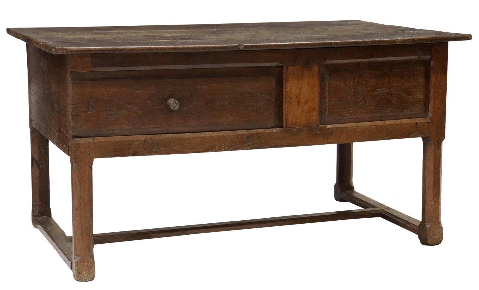 FRENCH PROVINCIAL OAK FARMHOUSE WORK TABLE: French Provincial oak farmhouse table, 18th c., three-board tabletop with patched repairs, over a single drawer, sliding panel revealing open storage, rising on hewn legs, joined by H stretcher, appro