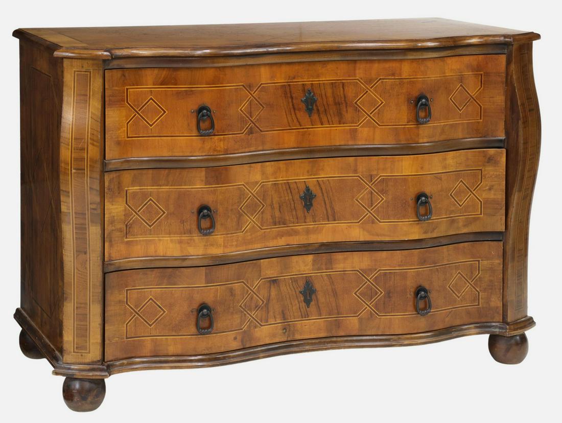 ITALIAN INLAID SERPENTINE THREE-DRAWER COMMODE: Italian walnut commode, 20th c., serpentine-front case, contrasting string inlay, fitted with three drawers, rising on ball feet, approx 31.5"h, 45.5"w, 20.5"d **Note: one of a pair offered in this au