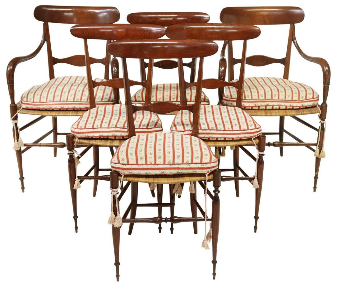 (6) ITALIAN CHIAVARI CARVED & CANED CHAIRS: (lot of 6) Italian Chiavari chairs, Botti & Gandolfo, 20th c., having mahogany finish frames, with curved back, carved splat, over woven cane seat, rising on turned and tapered legs, joined by stretch