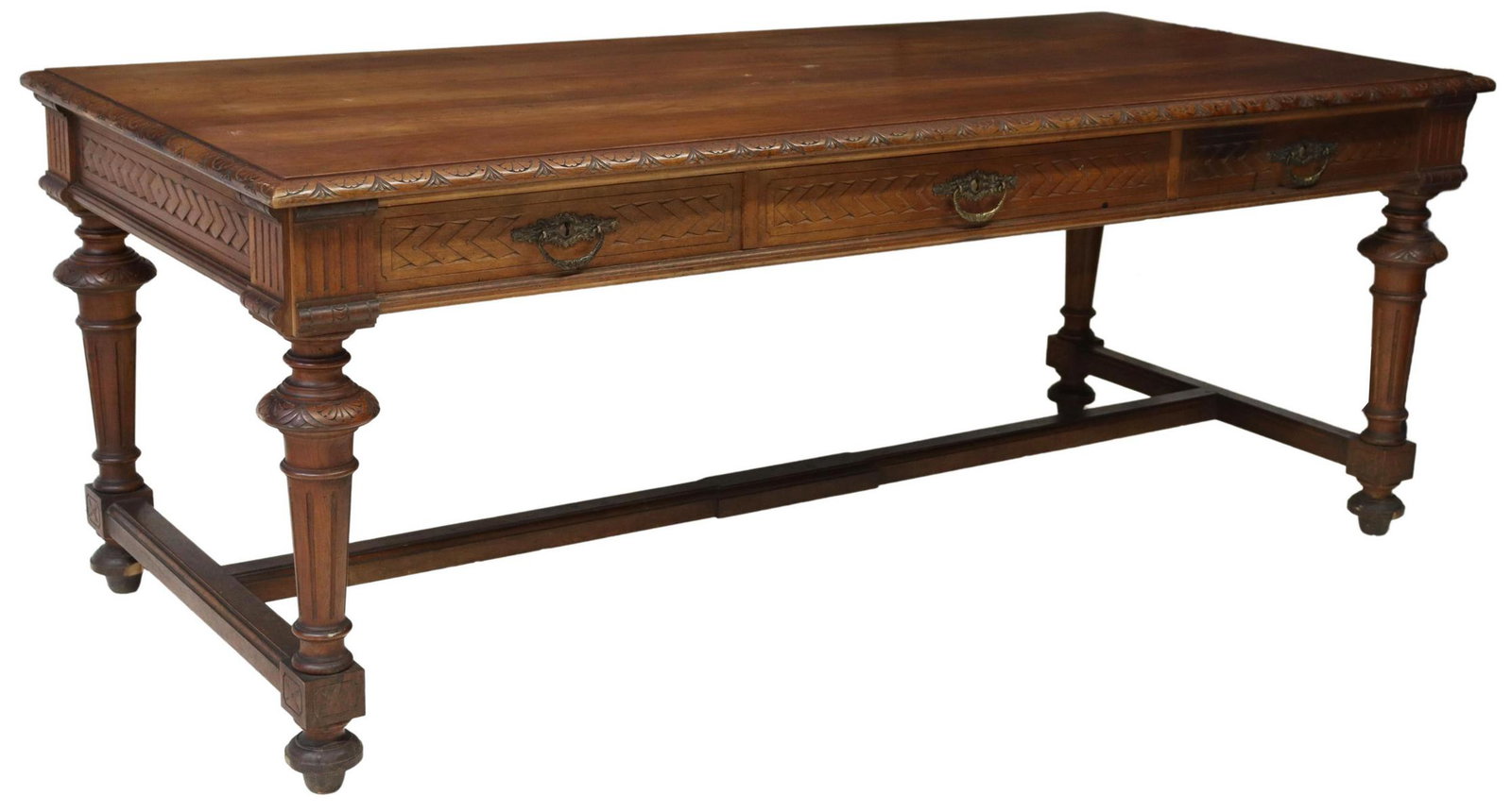FRENCH HENRI II STYLE LIBRARY TABLE WRITING DESK: French Henri II style walnut library table, 19th c., the large rectangular top over three frieze drawers, all rising on stretcher-joined legs with turned feet, approx 30"h, 78.75"w, 36"d Start Price: 