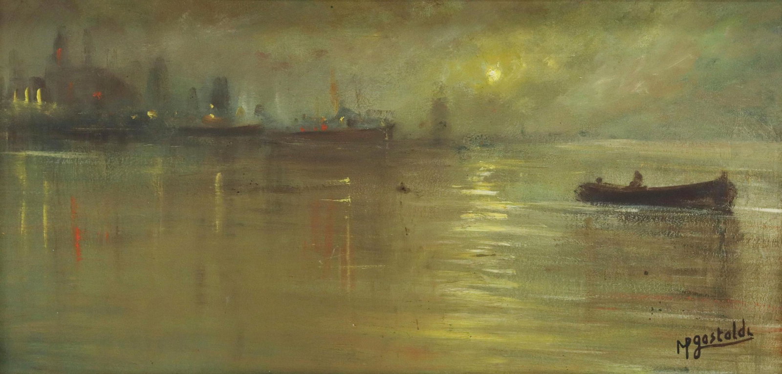 MICHEL GASTALDI FISHING BOAT PAINTING: Framed oil on panel painting, Fishing Boat, signed lower right M. Gastaldi (Michel Gastaldi, French, 20th c.), titled and dated 1971 verso, sight: approx 11 1/8"h, 23"w, overall: approx 14.5"h, 26.25"
