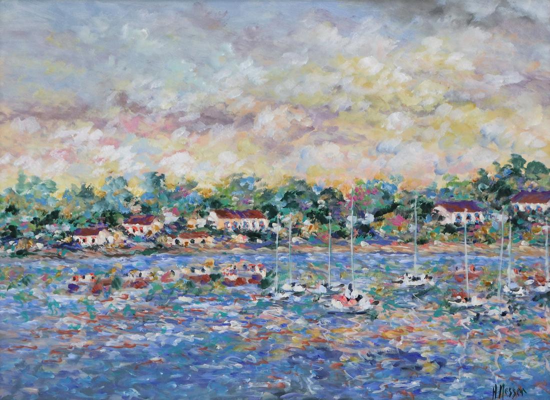 SIGNED H. MESSER MARINA PAINTING, 30" X 40": Framed oil on canvas painting, Marina, signed lower right H. Messer, sight: 29.25"h, 39.25"w, overall: 43"h, 53"w Start Price: $150.00