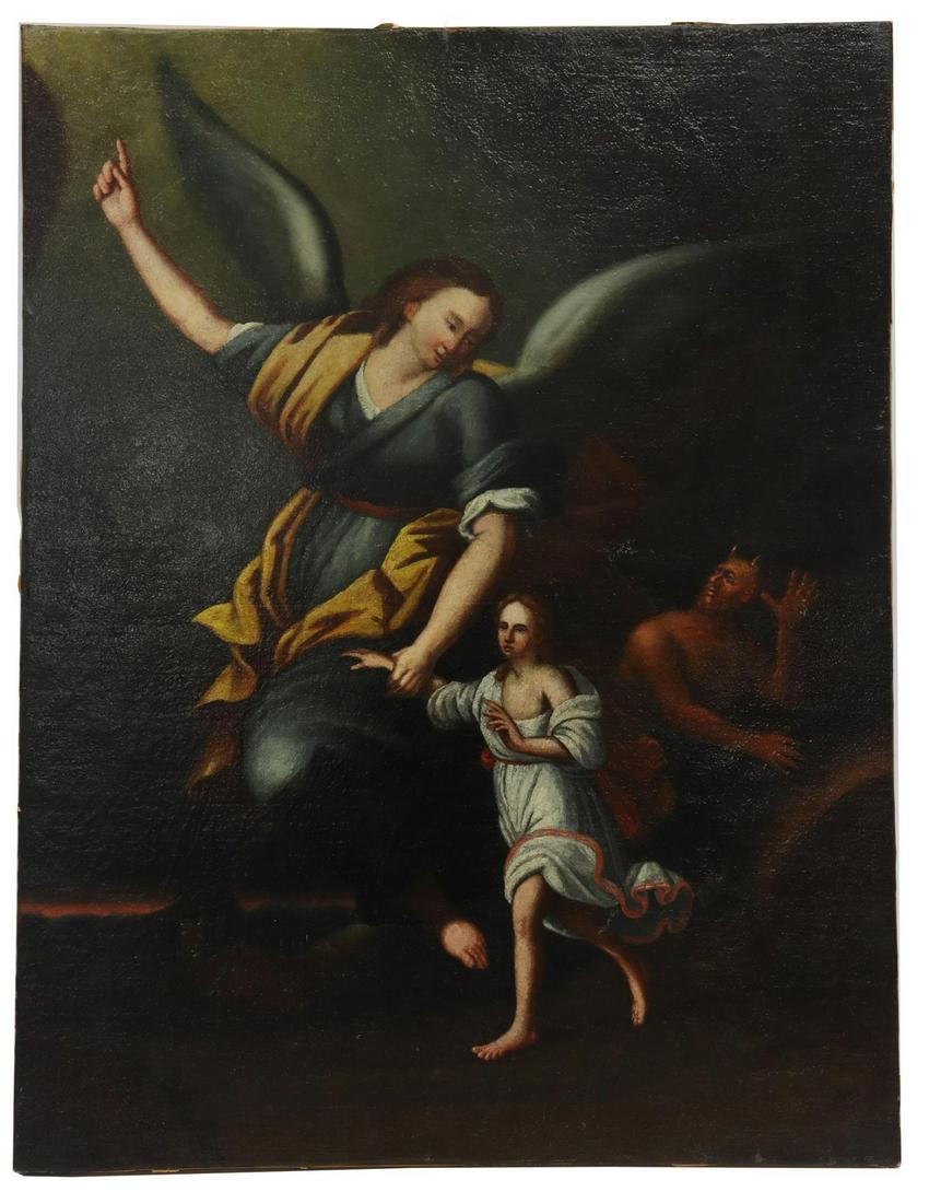 CONTINENTAL SCHOOL GUARDIAN ANGEL PAINTING: Unframed oil on stretched canvas painting, Guardian Angel Protecting a Soul from the Devil, relined, overall: approx 23.75"h, 18.25"w, 3lbs Start Price: $100.00