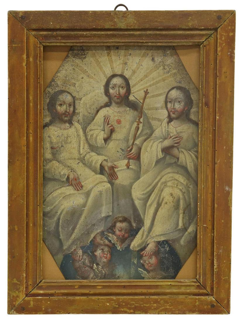 OIL ON TIN RETABLO, LA SANTA TRINIDAD, MEXICO: Framed oil on tin retablo, La Santa Trinidad, Mexico, 19th c., depicting the three persons of the Holy Trinity, God the Father wearing an image of the sun, holding a scepter, God the Son displaying th