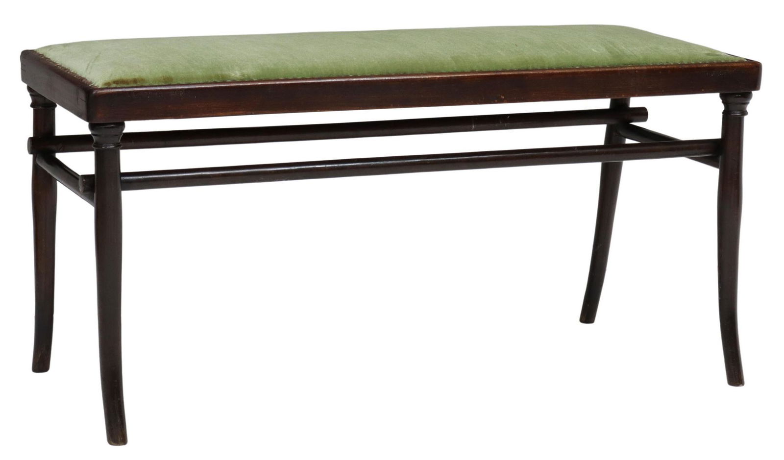 VIENNESE SECESSIONIST J&J KOHN BENTWOOD BENCH: Viennese Secessionist beechwood end of bed/ window bench, Jacob & Josef Kohn Company, c.1900, upholstered seat, with tack trim, rising on bentwood legs, joined by box stretcher, retaining paper labels