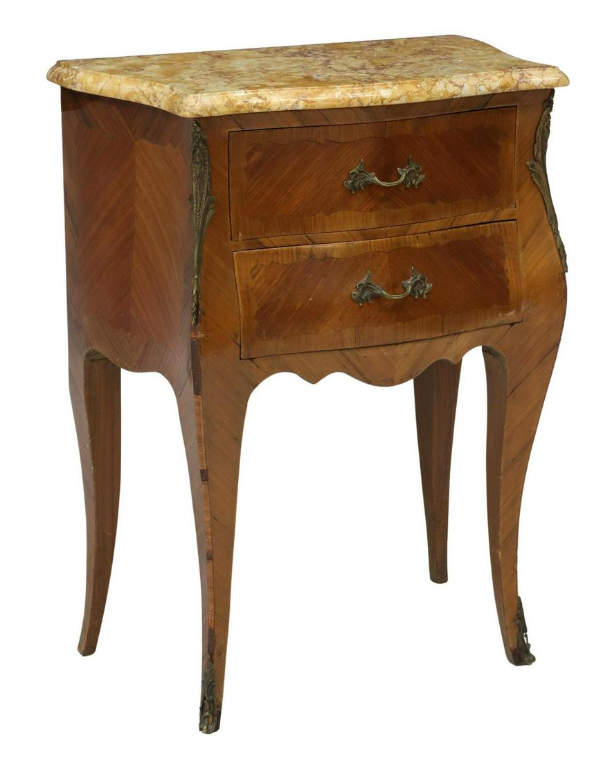 FRENCH LOUIS XV STYLE MARBLE-TOP NIGHTSTAND: French Louis XV style marble-top mahogany nightstand, 20th c., matched veneer case, fitted with two drawers, cast metal mounts, rising on cabriole legs, ending in front sabots, veneer loss, approx 27.