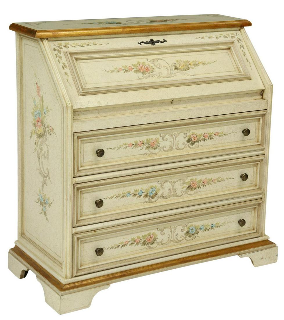 VENETIAN PAINT DECORATED SLANT FRONT WRITING DESK: Venetian paint decorated slant front desk, 20th c., the slant front opens to interior gallery and writing surface, over three drawers, rising on bracket feet, approx 35"h, 35.5"w, 16"d Start Price: $2