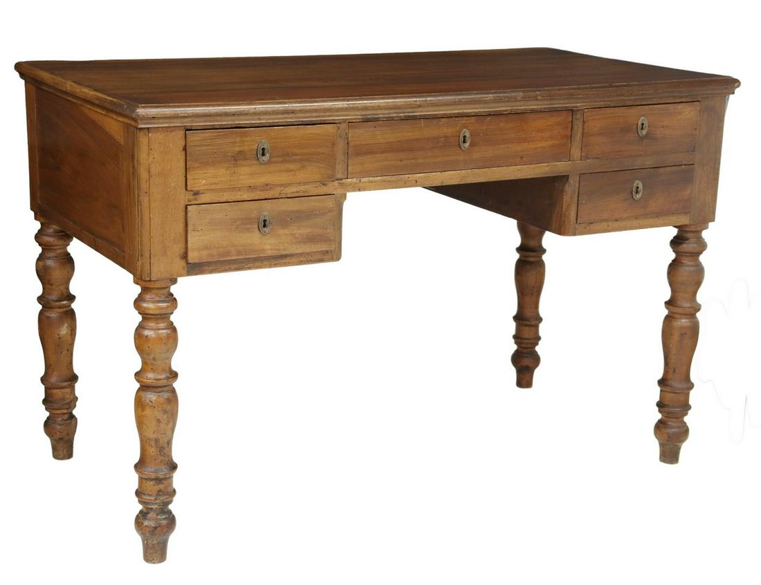 FRENCH LOUIS PHILIPPE FRUITWOOD WRITING DESK: French Louis Philippe period fruitwood writing desk, 19th c., having five drawers, rising on turned legs, visible planks, some plank separation and old splits, approx 31.5"h, 49"w, 25.5"d Start Price: