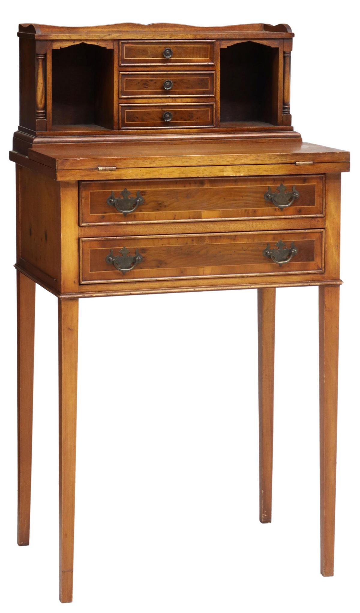 ITALIAN LADY'S WRITING DESK: Italian lady's writing desk, 20th c., superstructure with three small drawers, open niches, hinged top opening to inset leather writing surface, over two drawers, rising on tapered square legs, approx