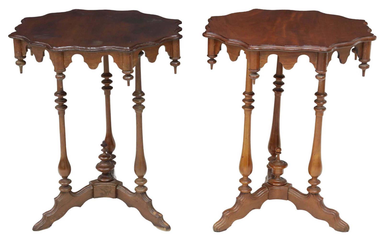 (2) VICTORIAN MAHOGANY LAMP OR SIDE TABLES: (lot of 2) Victorian mahogany lamp/ side tables, c.1900, shaped top, arcaded apron with drop finials, three turned supports, centering a large finial, ending in three curved legs, varied center finial