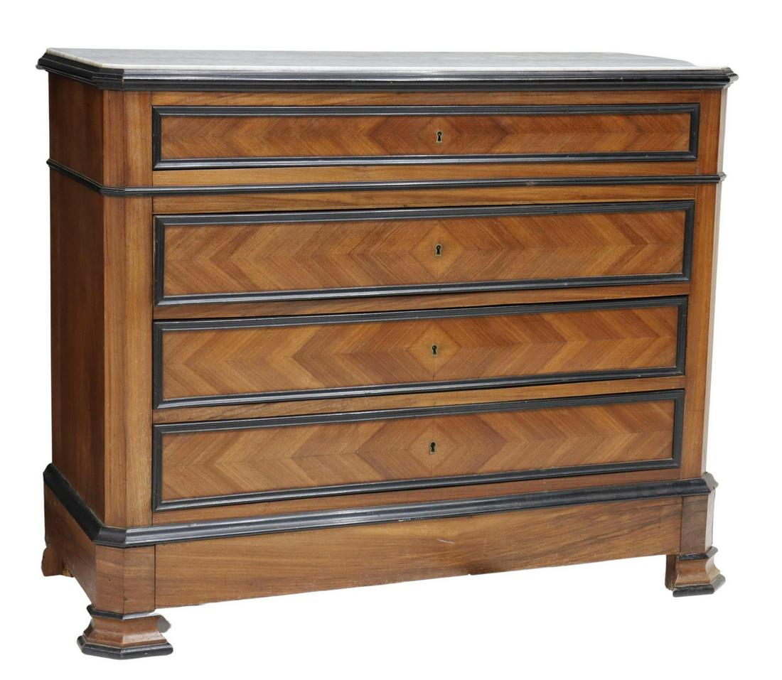 FRENCH NAPOLEON III PERIOD MARBLE-TOP COMMODE: French Napoleon III period marble-top commode, late 19th c., case accented with ebonized trim, four drawers with diamond-matched veneers, additional drawer concealed in base molding, rising on bracket
