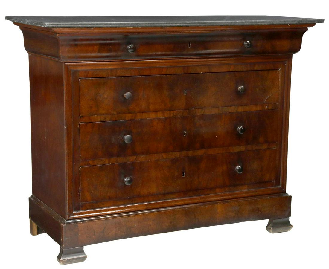 FRENCH LOUIS PHILIPPE MARBLE-TOP MAHOGANY COMMODE: French Louis Philippe period marble-top mahogany commode, mid 19th c., ogee frieze drawer, over three additional drawers, rising on bracket feet, approx 38"h, 49.5"w, 21.5"d Start Price: $350.00
