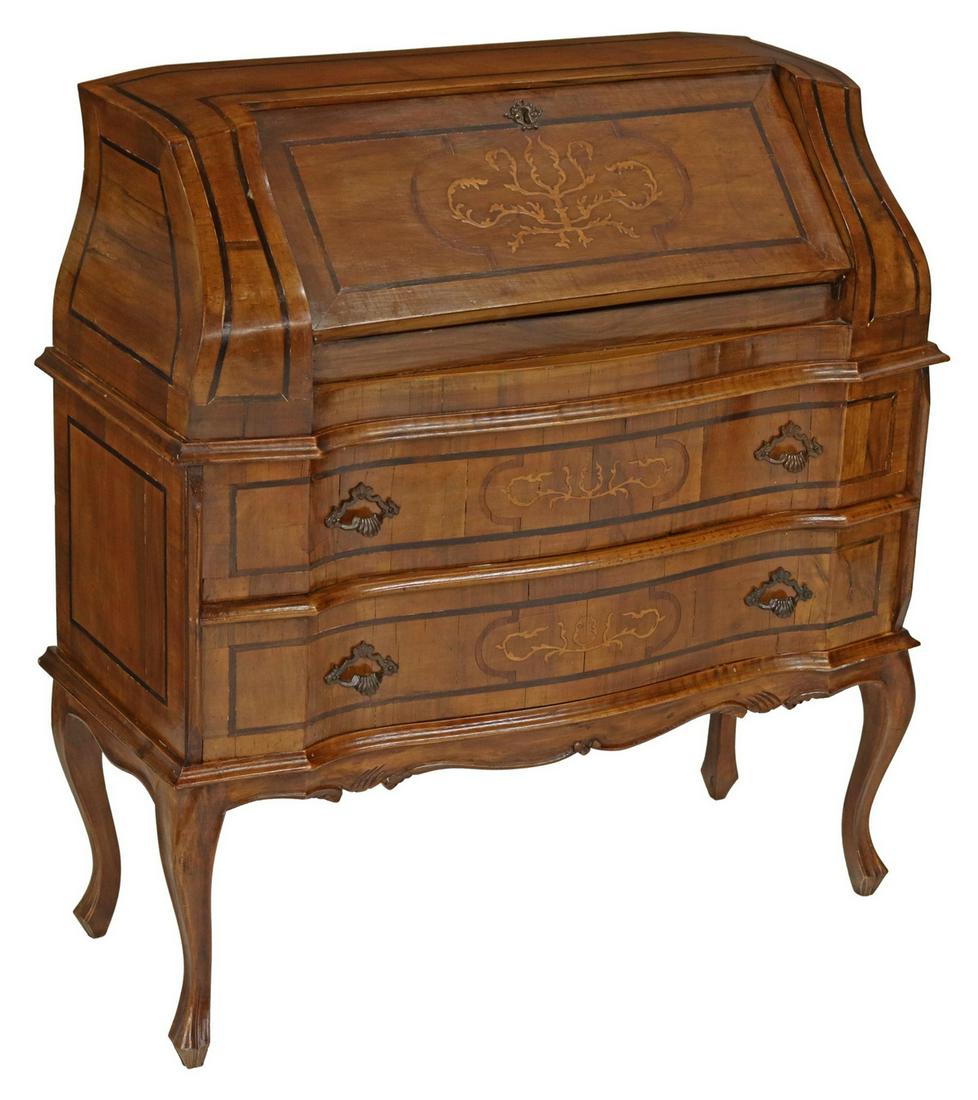 ITALIAN VENETIAN INLAID SLANT FRONT WRITING DESK: Italian Venetian slant front writing desk, 20th c., walnut finish case with foliate inlay, the slant front opens to a four drawer gallery, over two exterior drawers, rising on cabriole legs, ending in