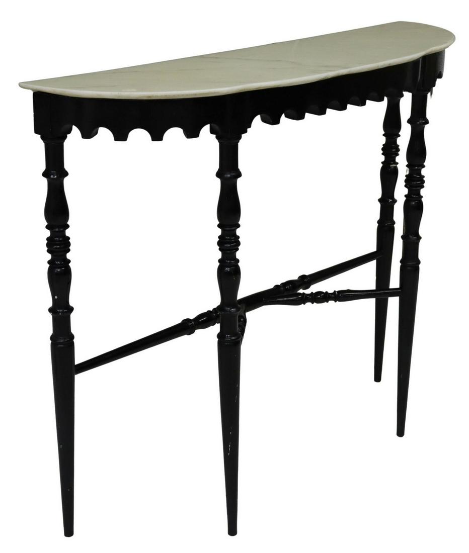 ITALIAN STONE-TOP EBONIZED CONSOLE TABLE: Italian console table, 20th c., stone top, ebonized frame, with arcaded apron, rising on tapered turned legs, joined by cross stretcher, approx 32.75"h, 40.5"w, 11.25"d Start Price: $150.00