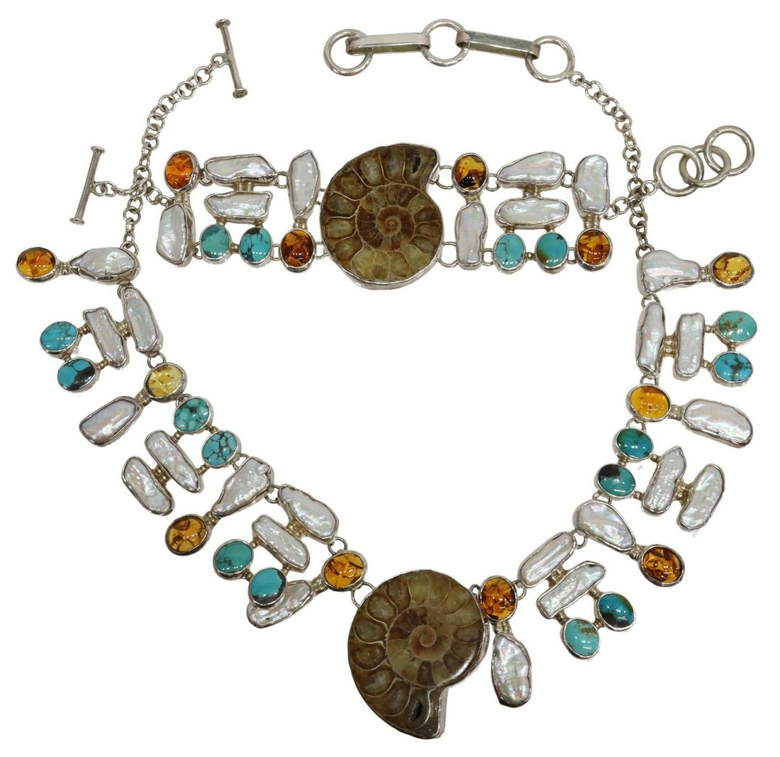 (2) 950 SILVER AMMONITE NECKLACE & BRACELET: (lot of 2) 950 silver jewelry, set with sliced ammonite fossils, turquoise and amber cabochons, and mother-of-pearl shell, toggle closures, including: (1) necklace, approx 19"l, (1) bracelet, approx 7