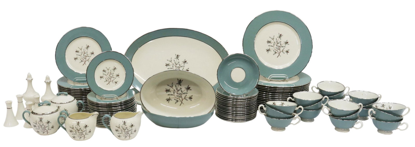(97) LENOX KINGSLEY DINNER SERVICE & LENOX SHAKERS: (lot) Lenox porcelain dinnerware, comprising: (set of 91) in the "Kingsley" pattern, including: (16) dinner plates, 10.5" diam, (15) salad plates, 8.25" diam, (16) bread plates, 6.25" diam, (18) teacu