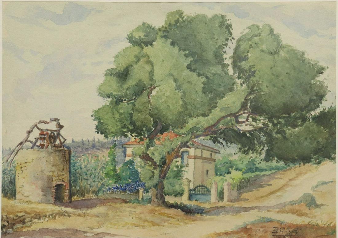 M. BIANCHI WATERCOLOR LANDSCAPE PAINTING: Framed watercolor painting on paper, Country Landscape, signed lower right M. Bianchi (Italian, 20th c.), sight: approx 9.75"h, 13.75"w, overall: approx 12.75"h, 16.75"w, 3lbs Start Price: $100.00