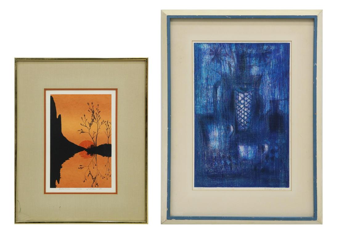 (2) PAUL MAXWELL LITHOGRAPH & LEW ACHEN SERIGRAPH: (lot of 2) Framed prints, including: (1) lithograph on paper, "Blue Vase," signed lower right P. Maxwell (Paul E. Maxwell, American, 1925-2015), dated 1960, numbered 112/ 200, sight: 18.5"h, 12.5"w, o