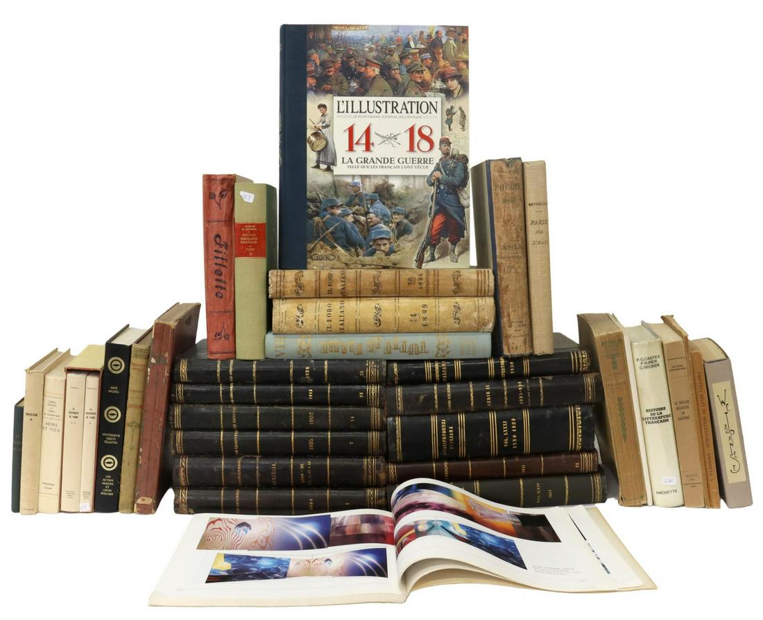 (34) ENGLISH & CONTINENTAL LIBRARY SHELF BOOKS: (lot of 34) Library shelf books, 19th/20th c., titles in French, Italian, Spanish, and English, highlights include: ten leather bound Italian encyclopedias, "Le Vampire", Jean Mistler, "We Japanese",