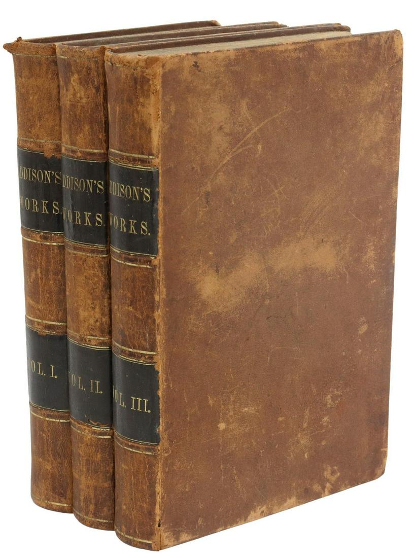 (3 VOL) BOOKS: WORKS OF JOSEPH ADDISON, 1848: (3 volumes) Books: "The Works of Joseph Addison," published by Harper & Brothers, New York, 1848, T.H. Pease Bookseller, New Haven, Connecticut, brown leather binding, gilt-embossed spines, marbleized