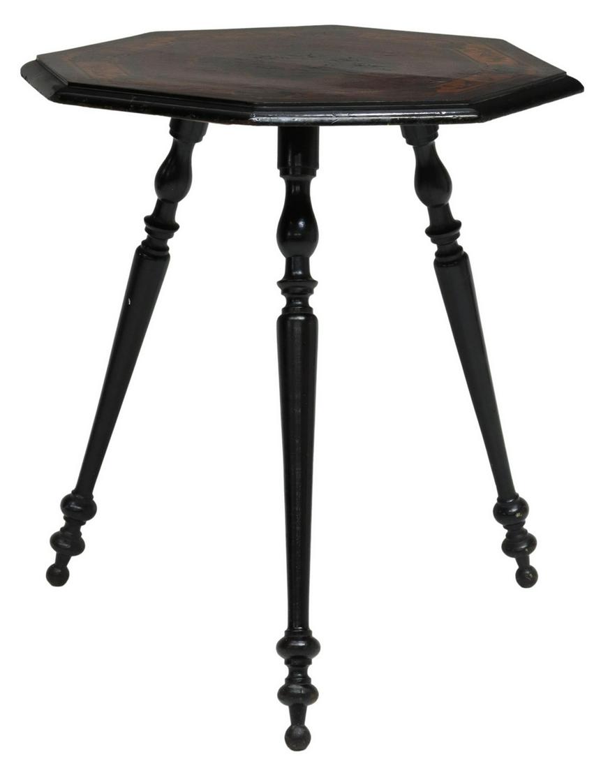 FRENCH NAPOLEON III MARQUETRY OCCASIONAL TABLE: French Napoleon III period marquetry occasional table, E.P. Gigon, Le Mans, 19th c., having octagonal top, inlaid with rosewood, burlwood and walnut, in a floral and foliate scroll pattern, rising on 