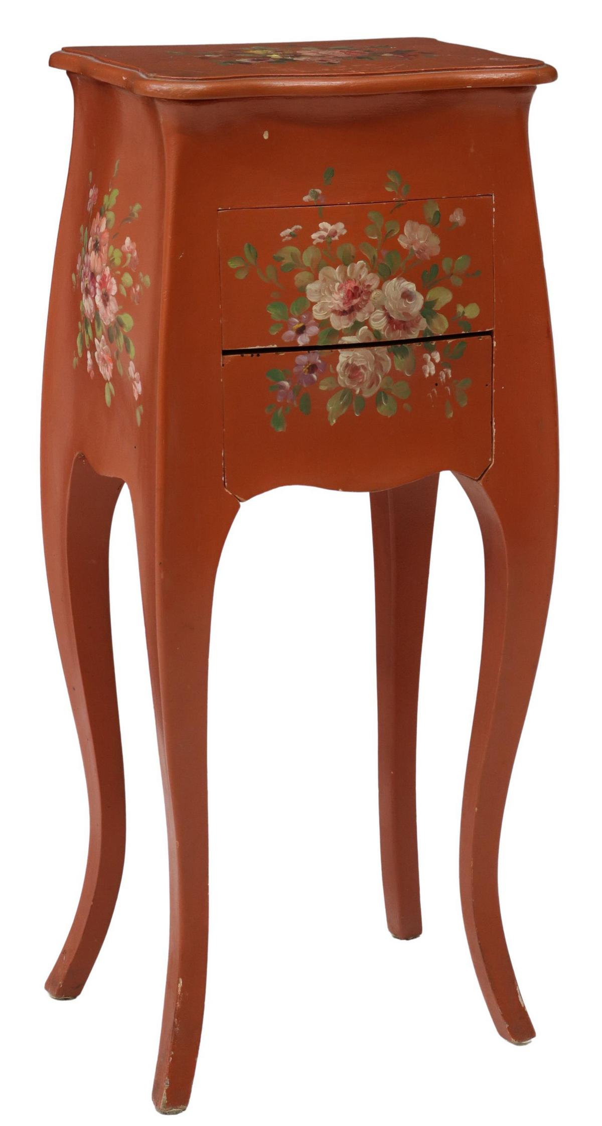 LOUIS XV STYLE PAINT DECORATED NIGHTSTAND: Louis XV style nightstand, 20th c., paint decorated case with floral blooms against a red ground, hinged top, over two drawers, rising on cabriole legs, approx 27.5"h, 11.75"w, 9.5"d Start Price: $100