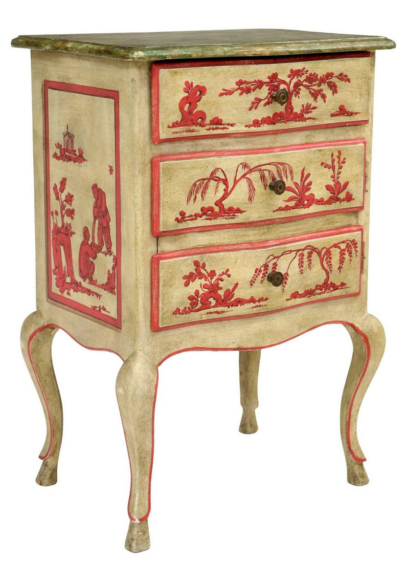 CHINOISERIE PAINT DECORATED BEDSIDE CABINET: Chinoiserie bedside cabinet, 20th c, painted faux marble top, single drawer, cabinet door behind faux drawer fronts, side panels with figural scenes, rising on cabriole legs, ending in hoof feet, appr