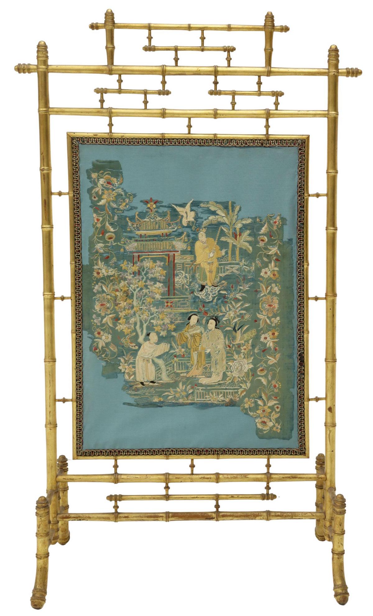 VICTORIAN FAUX BAMBOO FIRESCREEN WITH CHINESE SILK: Victorian giltwood faux bamboo firescreen, 19th c., with a Chinese embroidered silk panel, showing figures in a garden, mounted to later backing fabric, reverse in contrasting pleated fabric, approx 4