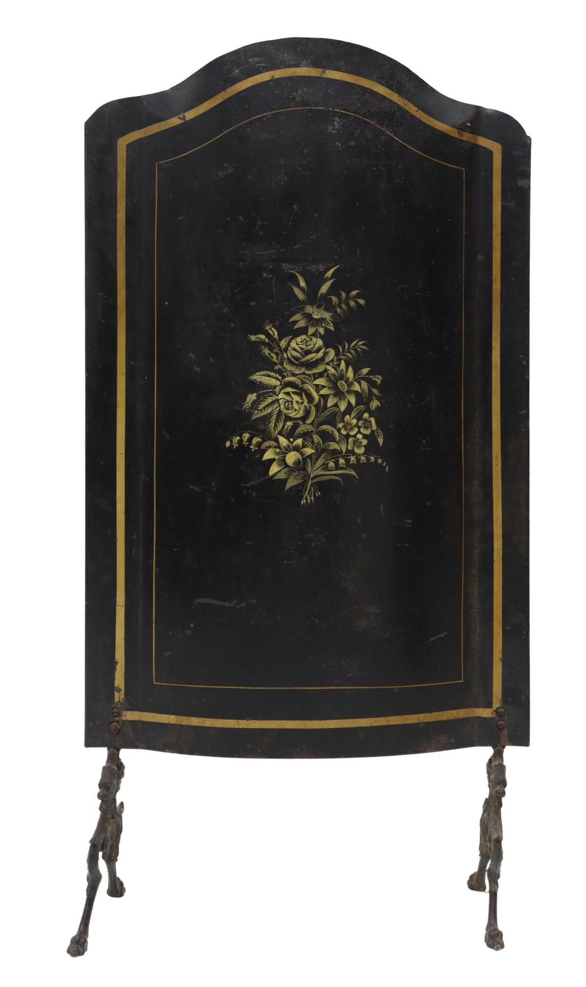 FRENCH NAPOLEON III TOLE PAINTED IRON FIRE SCREEN: French Napoleon III period iron fireplace screen, 19th c., iron sheet with gilt painted floral arrangement, rising on cast iron legs, ending in paw feet, approx 47.75"h, 23"w Start Price: $80.00