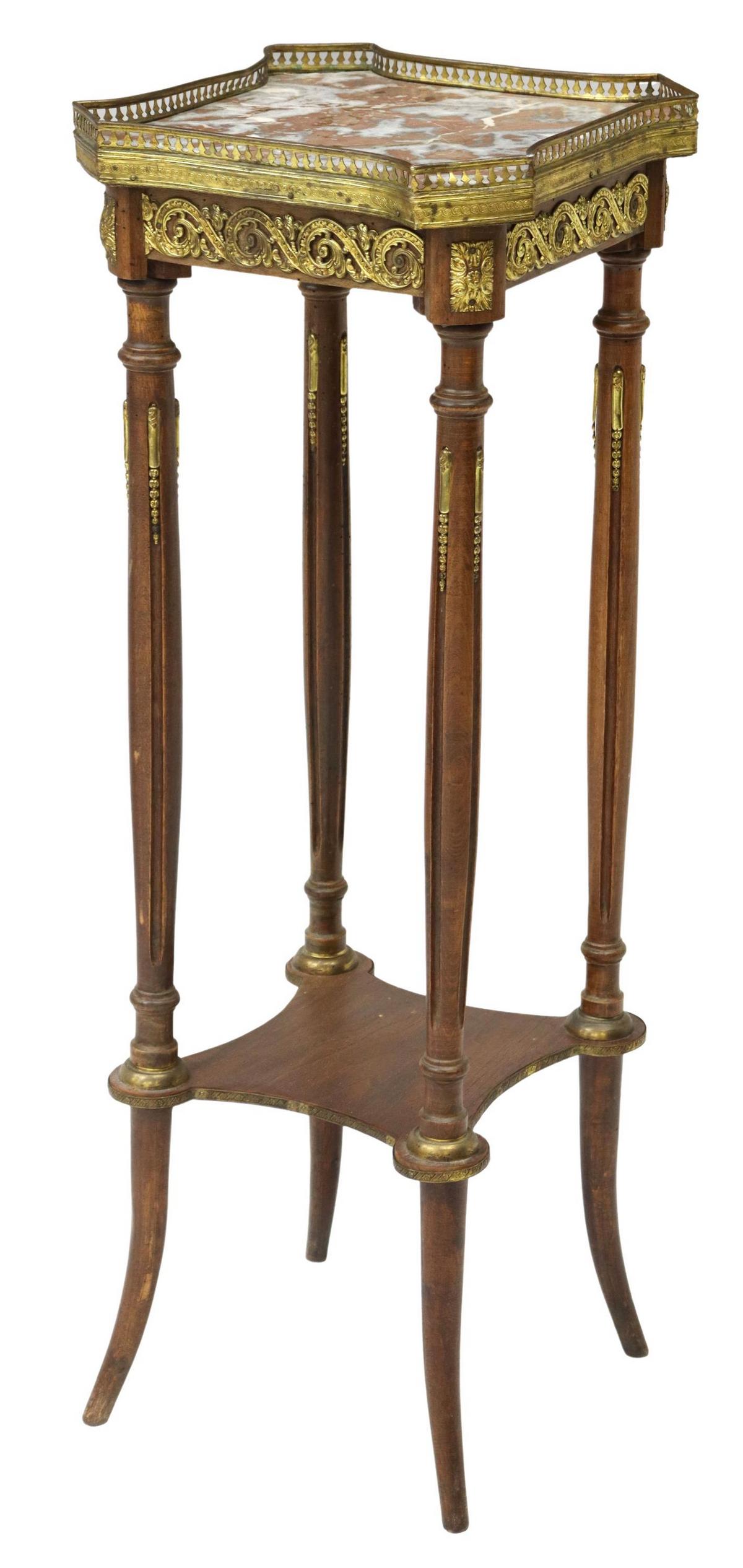 FRENCH LOUIS XVI STYLE MARBLE-TOP SIDE TABLE STAND: French Louis XVI style side table/ stand, early 20th c., pierced gilt metal gallery enclosing marble top, over apron with rinceau mounts, fluted supports joined by medial shelf, ending in saber legs, 