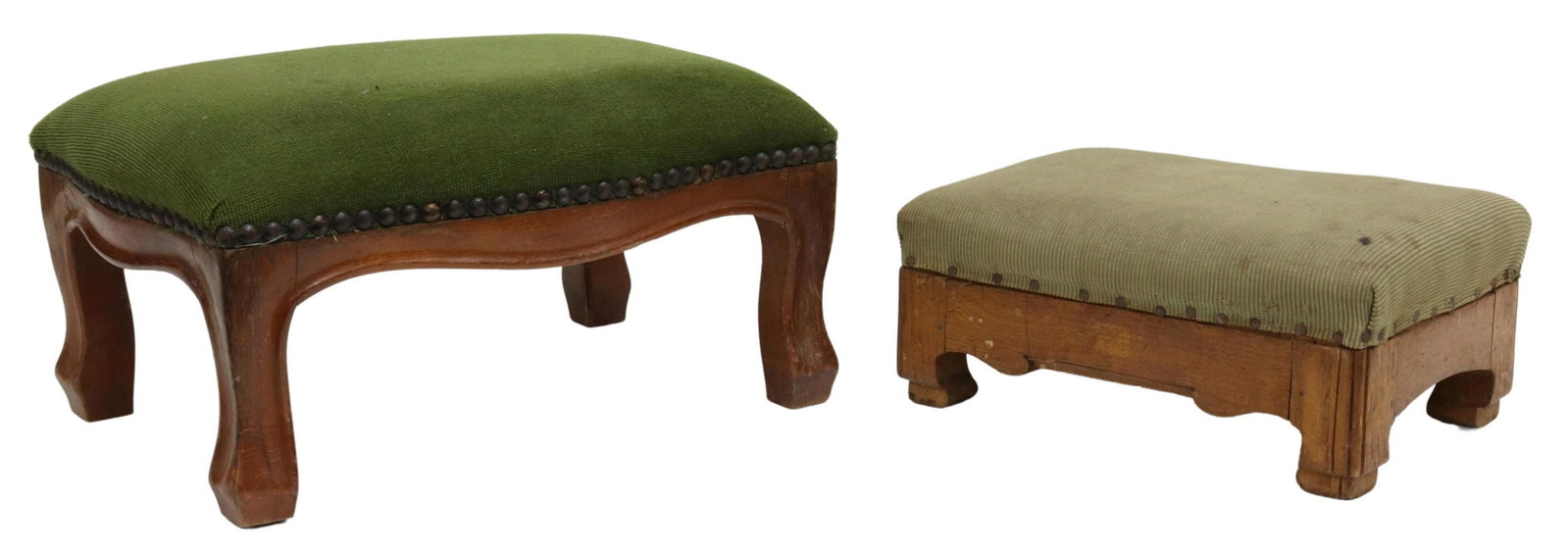 (2) PETITE UPHOLSTERED OAK-FRAMED FOOTSTOOLS: (lot of 2) Petite footstools, 19th c., upholstered seats with tack trim, oak frames, including: (1) on bracket feet, split to (one) leg, approx 5.25"h, 12"w, 8"d, (1) on cabriole legs, approx 8.25"h, 
