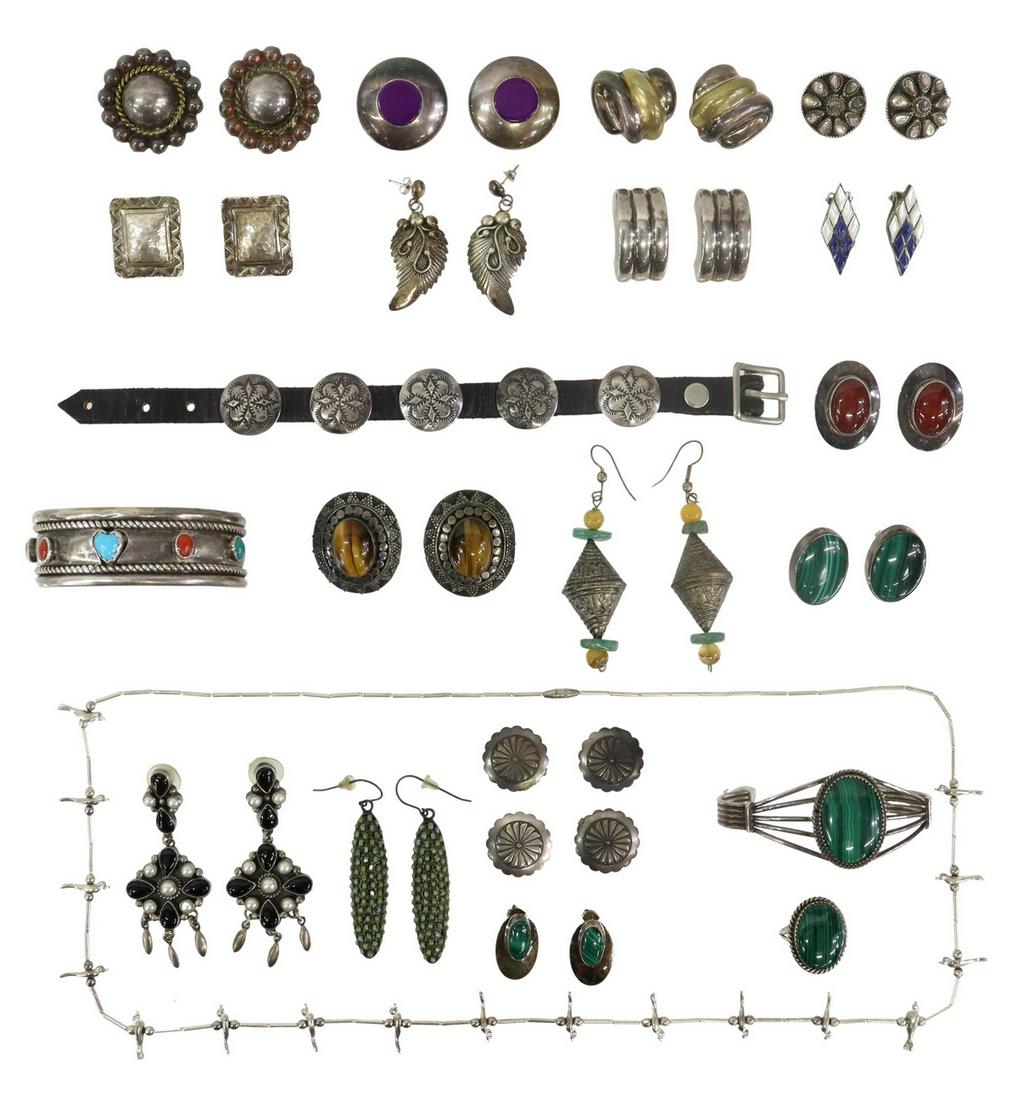 (LOT) ESTATE STERLING & OTHER JEWELRY GROUPING: (lot) Collection of sterling and silver-tone metal jewelry, various styles and designs, some Mexico, highlights include: malachite cuff and earrings, silver (content unknown) bird fetish necklace, sev