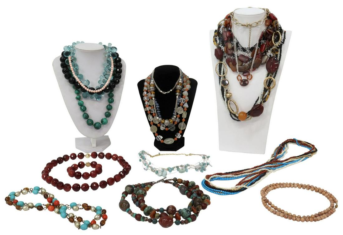 (LOT) LARGE GROUP OF STONE AND BEADED JEWELRY: (lot) Collection of stone and other beaded jewelry, highlights include: (1) angel skin coral beaded necklace, (1) graduated malachite beaded necklace, (1) black and white loomed necklace, (1) onyx and