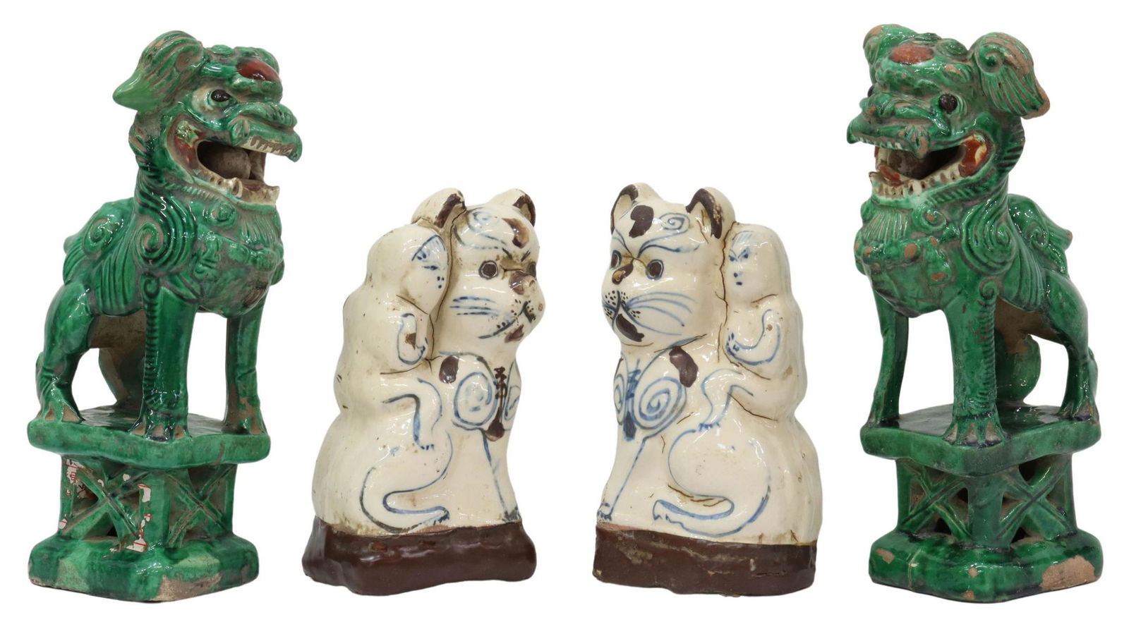 (4) CHINESE CERAMIC FOO LION & CAT INCENSE HOLDERS: (lot of 4) Chinese ceramic incense holders, including: (pair) modeled as foo lions, standing on openwork plinth bases, in green and red glaze, approx 9.25"h, 4"w, 4.75"d; (pair) seated cat, mounted by