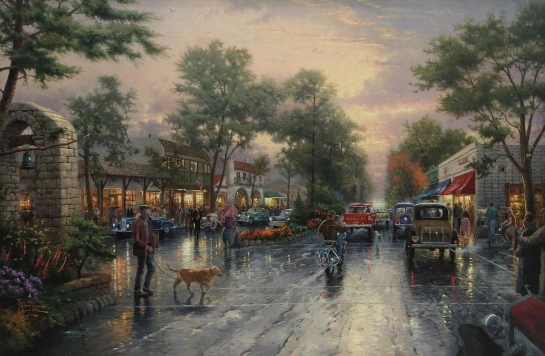 AFTER THOMAS KINKADE (D.2012) 'CARMEL SUNSET': Framed limited-edition print on canvas, "Carmel Sunset on Ocean Avenue," signed in print lower left Thomas Kinkade (California, 1958-2012), retaining authenticity plates verso, sight: 23.5"h, 35.5"w; 