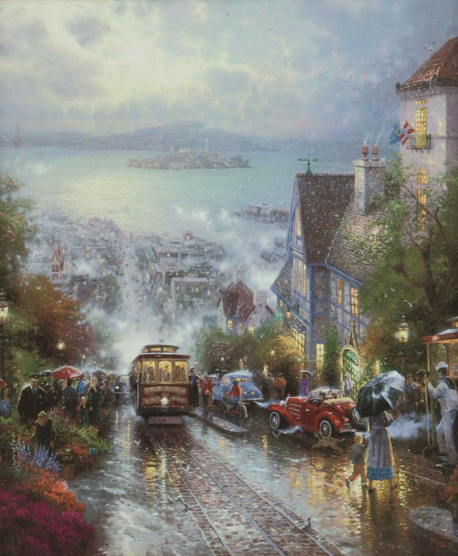 AFTER THOMAS KINKADE (D.2012) 'HYDE STREET' PRINT: Framed print on canvas mounted to artist board, "Hyde Street and the Bay, San Francisco," title plaque at lower center, ink stamp to lower right, Thomas Kinkade (California, 1958-2012), open edition, 