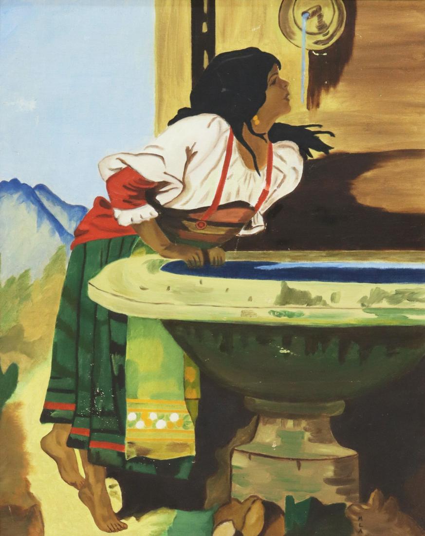 ROMAN GIRL AT A FOUNTAIN AFTER LEON BONNAT: Framed acrylic on canvas painting, Roman Girl at a Fountain, after Leon Joseph Florentin Bonnat (French, 1833-1922), signed lower right MLA, sight: 19.5"h, 15.5"w, overall: 27.5"h, 23.5"w, 6.25lbs Sta