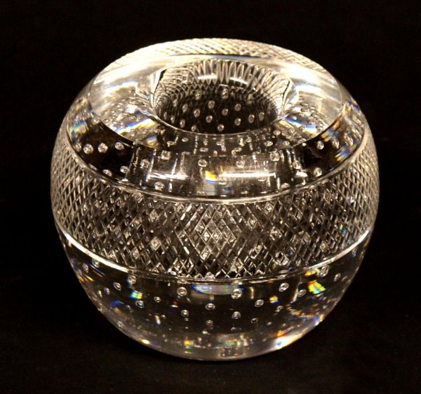ART GLASS WEBB ENGLAND AIR BUBBLE PAPERWEIGHT: Art glass English spherical paperweight, Webb, cut diamond band, interior with suspended bubbles, acid etched mark underfoot, 3.25"h, 4"d, 2lbs