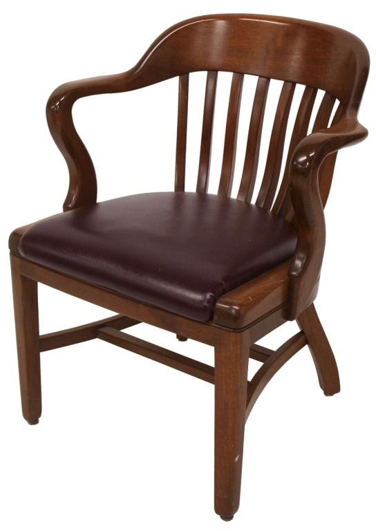 AMERICAN SIKES FUNITURE WALNUT OFFICE ARM CHAIR: American walnut office chair, Sikes Furniture Co. Inc, Buffalo, N.Y., c. 1960, having slatted back and padded seat, 31"h, 23"w, 20"d