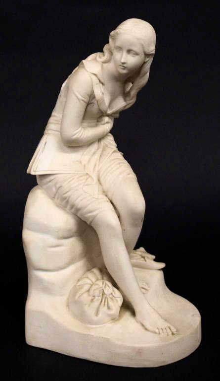 MINTON PARIAN FIGURE OF DOROTHEA, ENGLAND: Minton Parian ware figure, mid 19th c., modeled after 'Dorothea' by John Bell (British 1812-1895), a young girl in sailor costume seated on a rock, molded John Bell mark at foot, incised Minton arrow