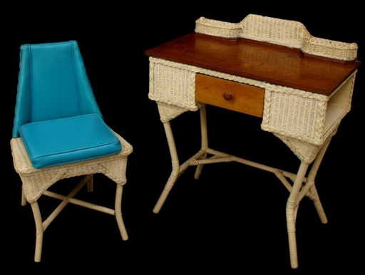 Vintage Wicker Wood Writing Desk Side Chair