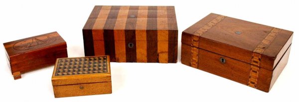 LOT ANTIQUE INLAID & OTHER TABLE BOXES, TUNBRIDGE: (lot of 4) Table boxes comprising: (1) Tunbridge sewing box, 4"h, 10"w, 7.5"d; (1) work box inlaid in alternating patterns of birds eye maple and oak, much veneer loss/restoration, 4.25"h, 10.75"h, 8"