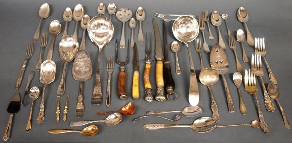 MASSIVE LOT CONTINENTAL & AMERICAN SILVER PLATE: (lot) Collection English and American silver plate flatware and service articles by various makers including Sheffield, Rogers Bros., a Wallace repousse berry spoon, a large embossed Webster & Bro. la