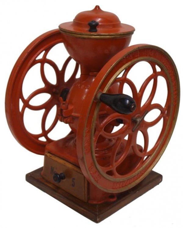 ENTERPRISE MFG NO 5 CAST IRON COFFEE GRINDER, 16": Enterprise M.F.G., No. 5 cast iron coffee grinder on a wood base, Philadelphia, PA, Pat. July 12, 98, 16"h, 17"w, 12"d, 36lbs