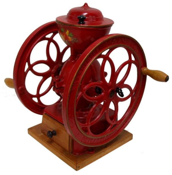 ENTERPRISE MFG NO 5 CAST IRON COFFEE GRINDER, 30": Enterprise M.F.G., No. 5, Philadelphia, PA, cast iron coffee grinder on a wood base, 30"h, 17"w, 13"d, 36lbs
