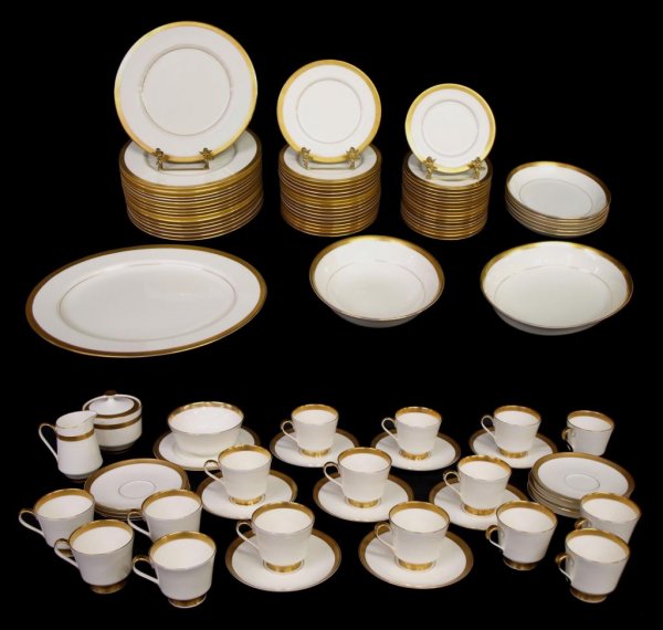EXTENSIVE PARCEL GILT BONE CHINA DINNER SERVICE: (lot of 95) "Mikasa" bone china dinner service in the "Pembroke" pattern including: (16) dinner plates, 10.5"d; (17) salad plates, 7 1/2"d; (17) bread plates, 6.5"d; (6) cream soup bowls, 7 5/8"d; (16