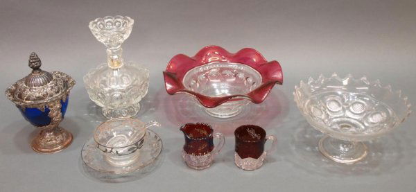 COLLECTION OF GLASSWARE, COBALT, RUBY, OVERLAY: (lot of 9) Collection of assorted glassware including (2) small ruby flashed glass pieces, one marked 'Beaumont Fair 1913', the other 'Stewart, Dallas, 1930', (1) lidded Japanese vessel in a grape mot
